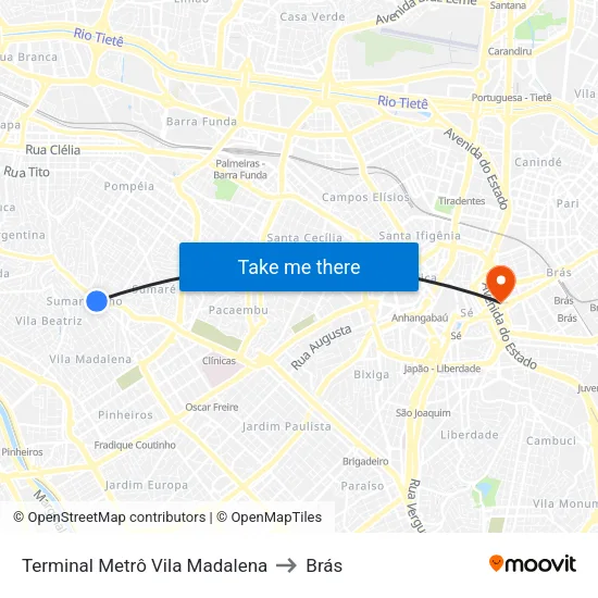 Terminal Metrô Vila Madalena to Brás map