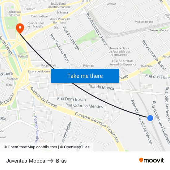 Juventus-Mooca to Brás map