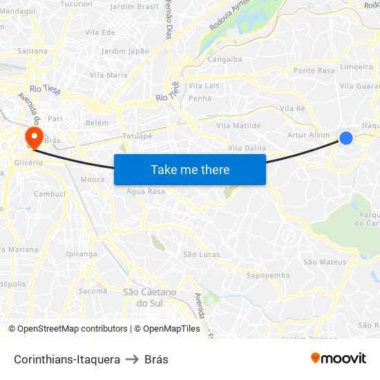 Corinthians-Itaquera to Brás map