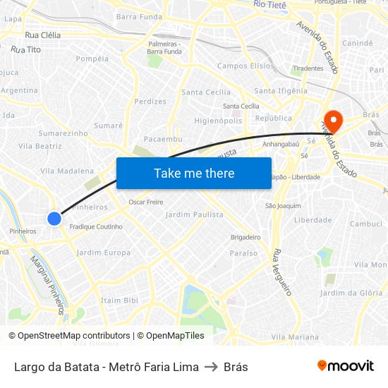 Largo da Batata - Metrô Faria Lima to Brás map