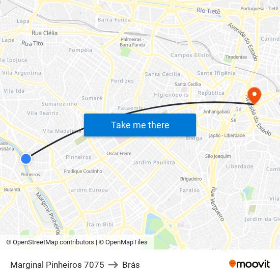 Marginal Pinheiros 7075 to Brás map