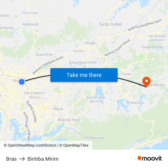 Brás to Biritiba Mirim map