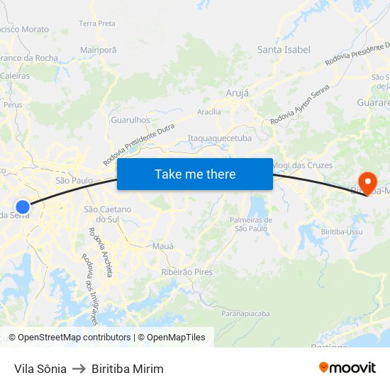 Vila Sônia to Biritiba Mirim map