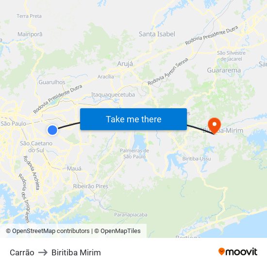 Carrão to Biritiba Mirim map