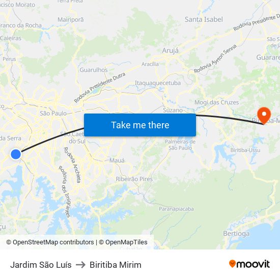 Jardim São Luís to Biritiba Mirim map