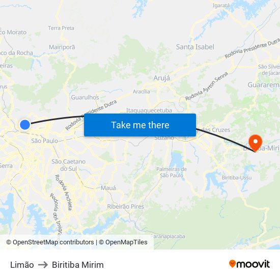 Limão to Biritiba Mirim map