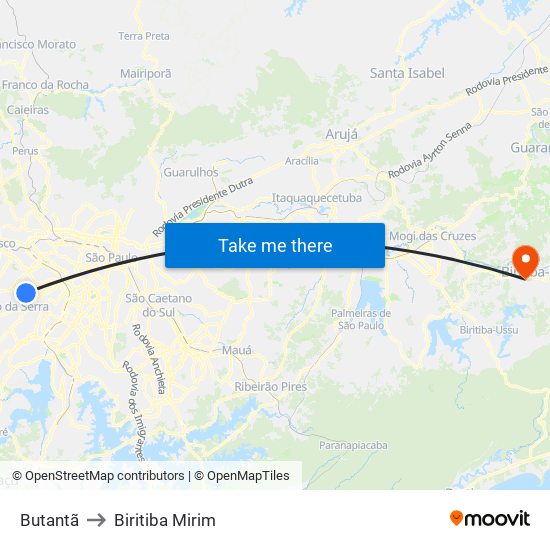 Butantã to Biritiba Mirim map