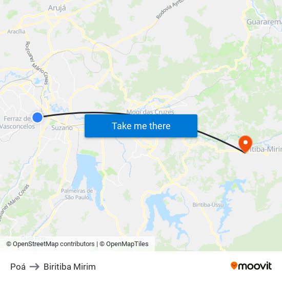 Poá to Biritiba Mirim map