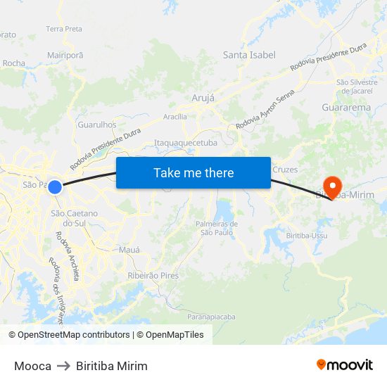 Mooca to Biritiba Mirim map