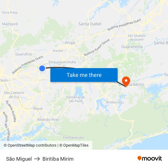 São Miguel to Biritiba Mirim map