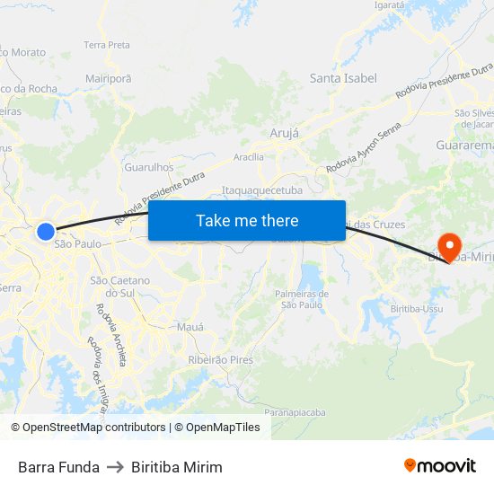 Barra Funda to Biritiba Mirim map