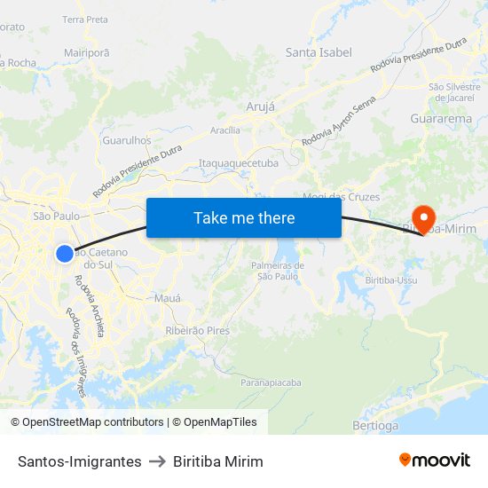 Santos-Imigrantes to Biritiba Mirim map