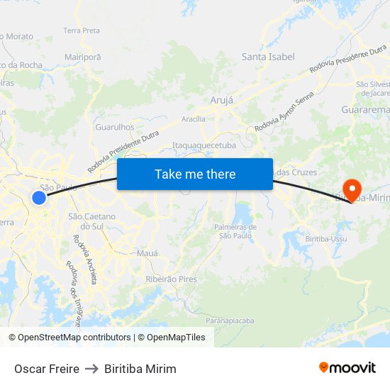Oscar Freire to Biritiba Mirim map