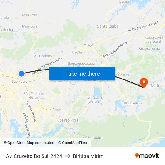 Av. Cruzeiro Do Sul, 2424 to Biritiba Mirim map