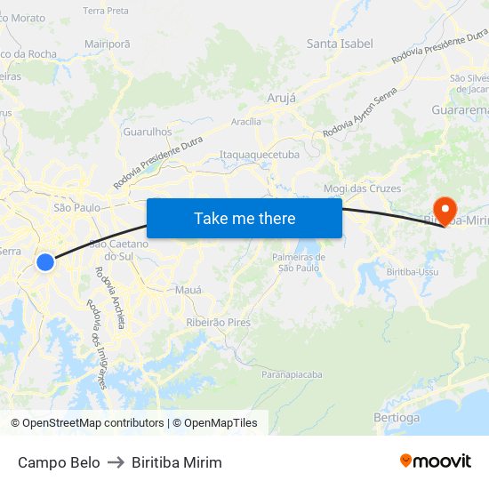Campo Belo to Biritiba Mirim map