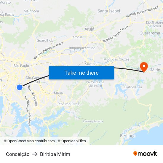 Conceição to Biritiba Mirim map