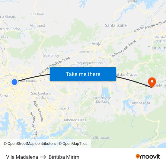 Vila Madalena to Biritiba Mirim map