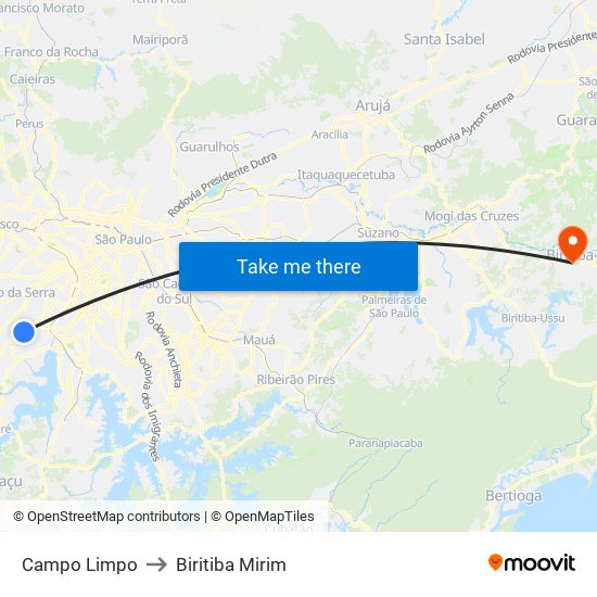 Campo Limpo to Biritiba Mirim map