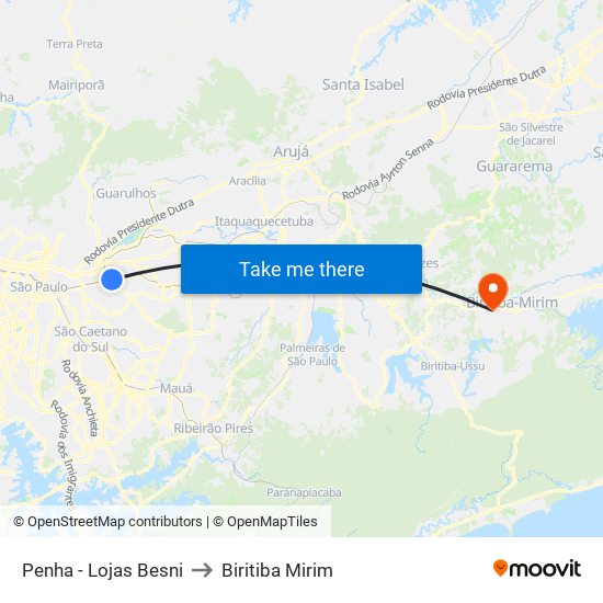 Penha - Lojas Besni to Biritiba Mirim map