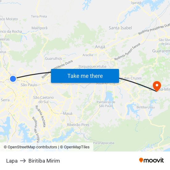 Lapa to Biritiba Mirim map