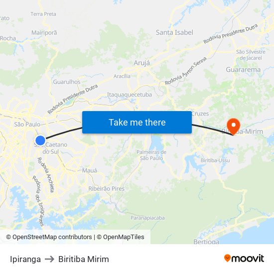 Ipiranga to Biritiba Mirim map