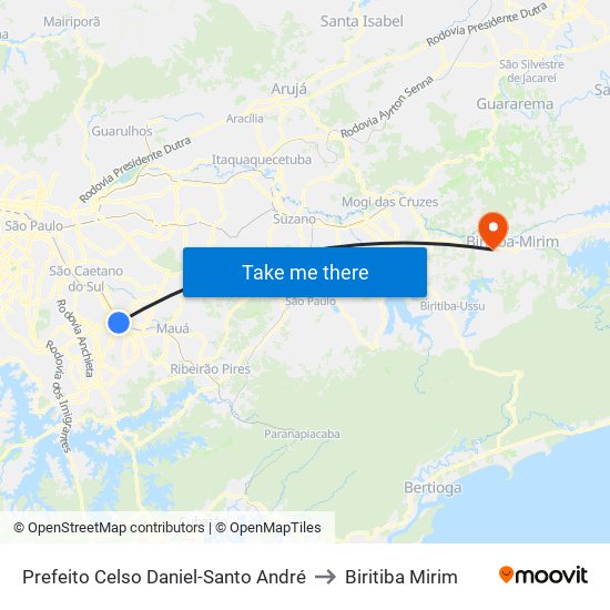 Prefeito Celso Daniel-Santo André to Biritiba Mirim map