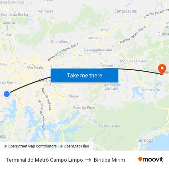 Terminal do Metrô Campo Limpo to Biritiba Mirim map