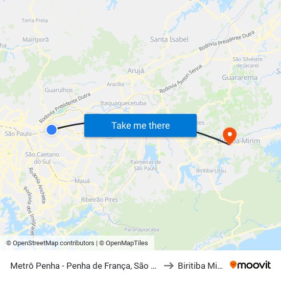 Metrô Penha - Penha de França, São Paulo to Biritiba Mirim map