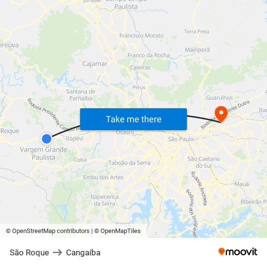 São Roque to Cangaíba map