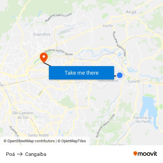 Poá to Cangaíba map