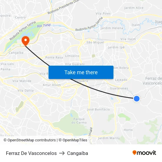 Ferraz De Vasconcelos to Cangaíba map