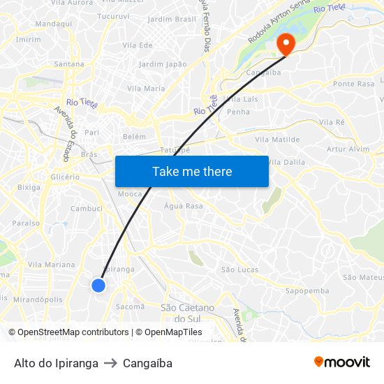 Alto do Ipiranga to Cangaíba map