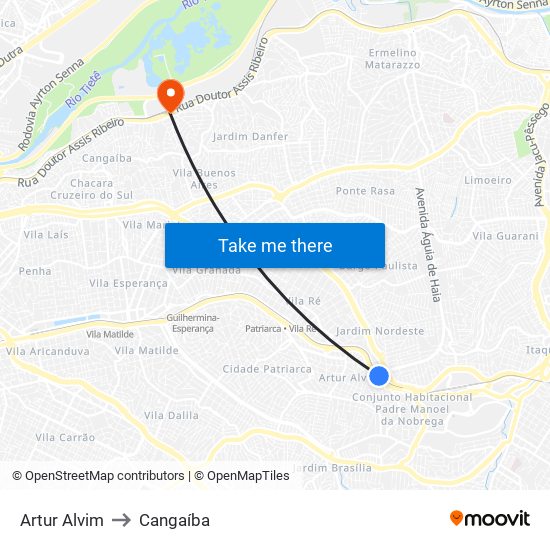 Artur Alvim to Cangaíba map