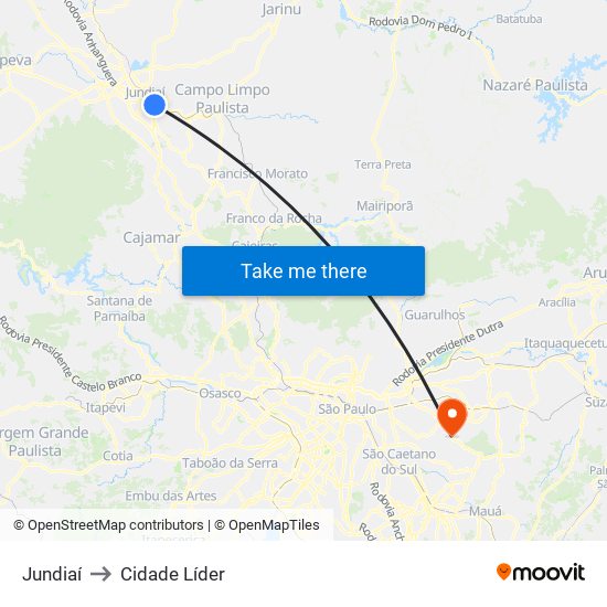 Jundiaí to Cidade Líder map