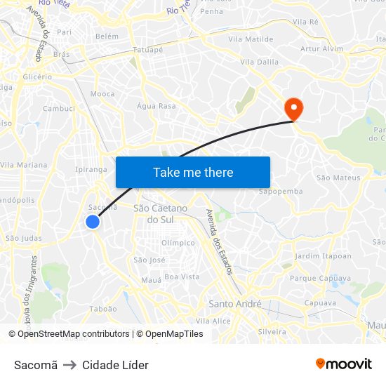 Sacomã to Cidade Líder map