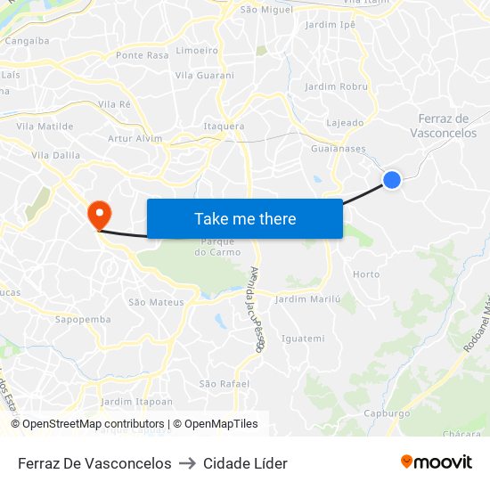 Ferraz De Vasconcelos to Cidade Líder map