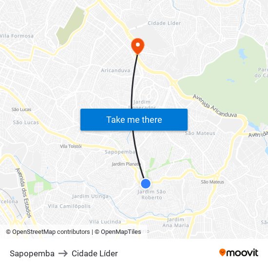 Sapopemba to Cidade Líder map