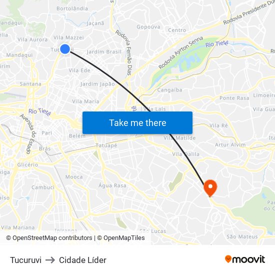 Tucuruvi to Cidade Líder map