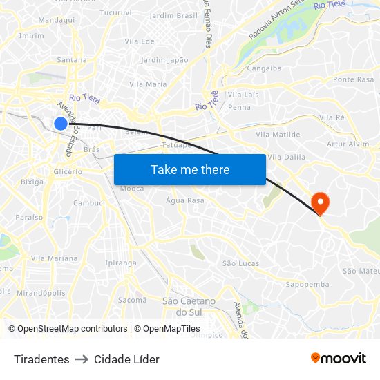 Tiradentes to Cidade Líder map