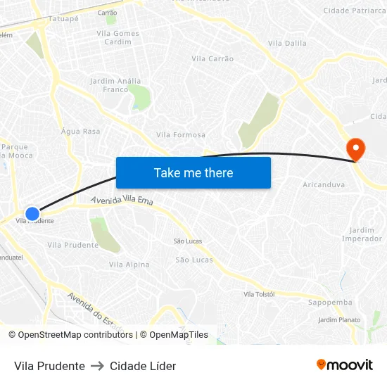 Vila Prudente to Cidade Líder map