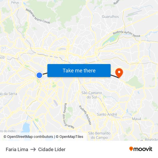 Faria Lima to Cidade Líder map