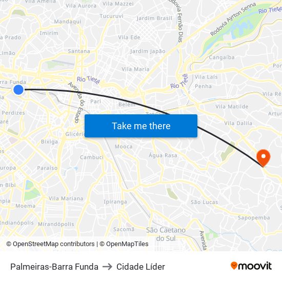 Palmeiras-Barra Funda to Cidade Líder map