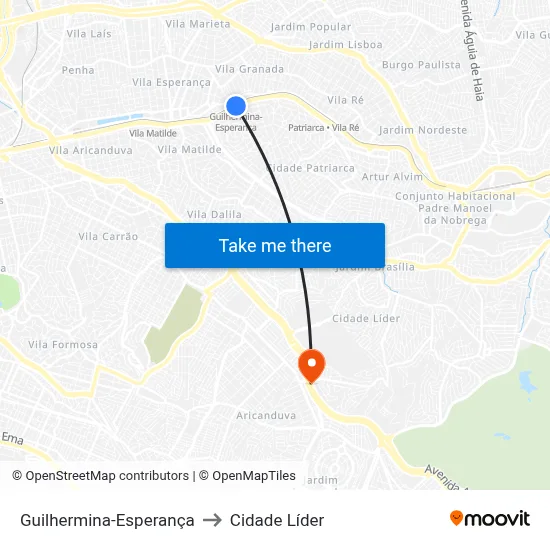 Guilhermina-Esperança to Cidade Líder map