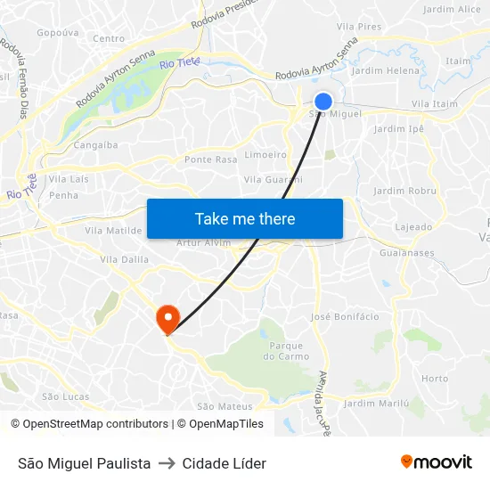 São Miguel Paulista to Cidade Líder map
