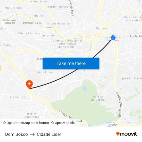 Dom Bosco to Cidade Líder map