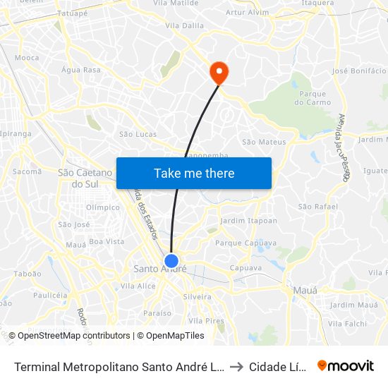 Terminal Metropolitano Santo André Leste to Cidade Líder map