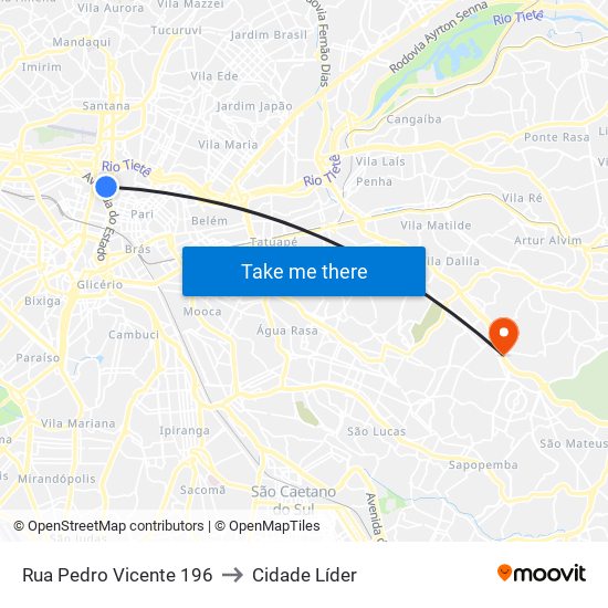 Rua Pedro Vicente 196 to Cidade Líder map