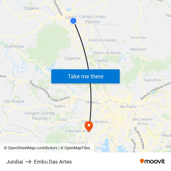 Jundiaí to Embu Das Artes map