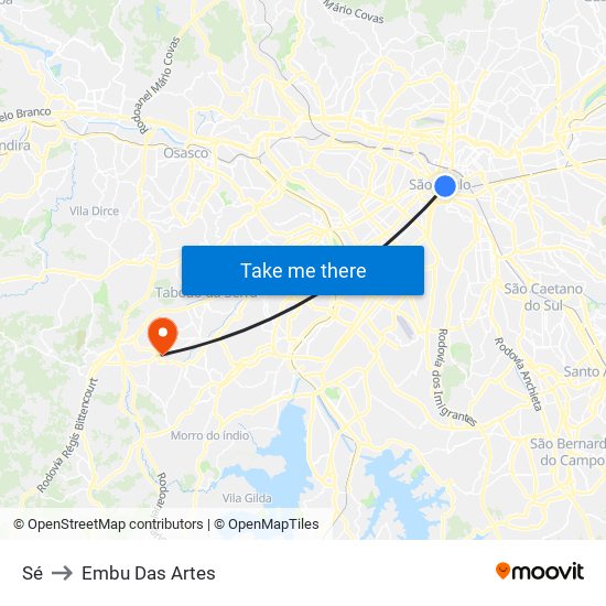Sé to Embu Das Artes map
