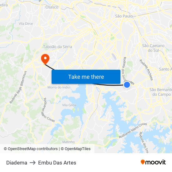 Diadema to Embu Das Artes map